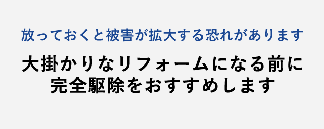 放っておくと被害が拡大する恐れがあります。大掛かりなリフォームになる前に完全駆除をおすすめします