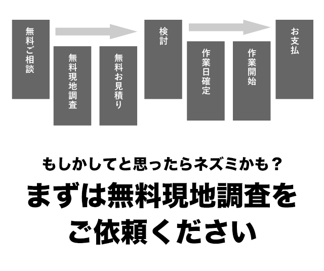 もしかしてと思ったらネズミかも？まずは無料現地調査をご依頼ください。