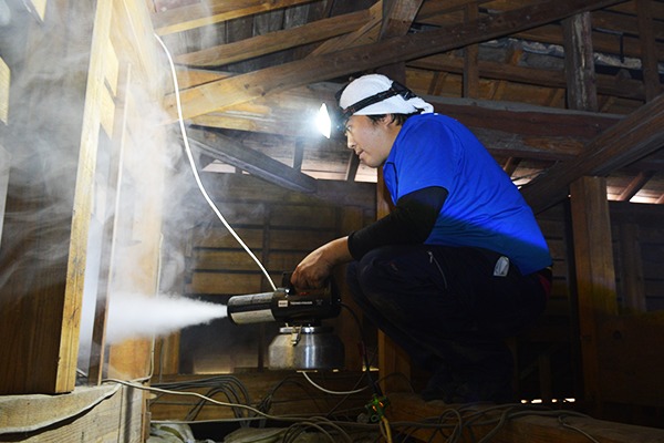 屋根裏の消毒をしている