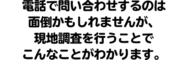 電話で問い合わせするのは面倒かもしれませんが、現地調査を行うことで、こんなことがわかります。