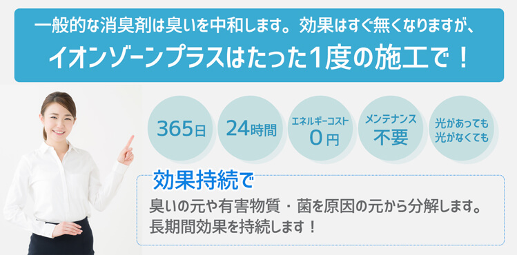 一般的な消臭剤は臭いを中和します。効果はすぐに無くなりますが、イオンゾーンプラスはたった1度の施工で！365日、24時間、エネルギーコスト0円、メンテナンス不要、光があっても光がなくても