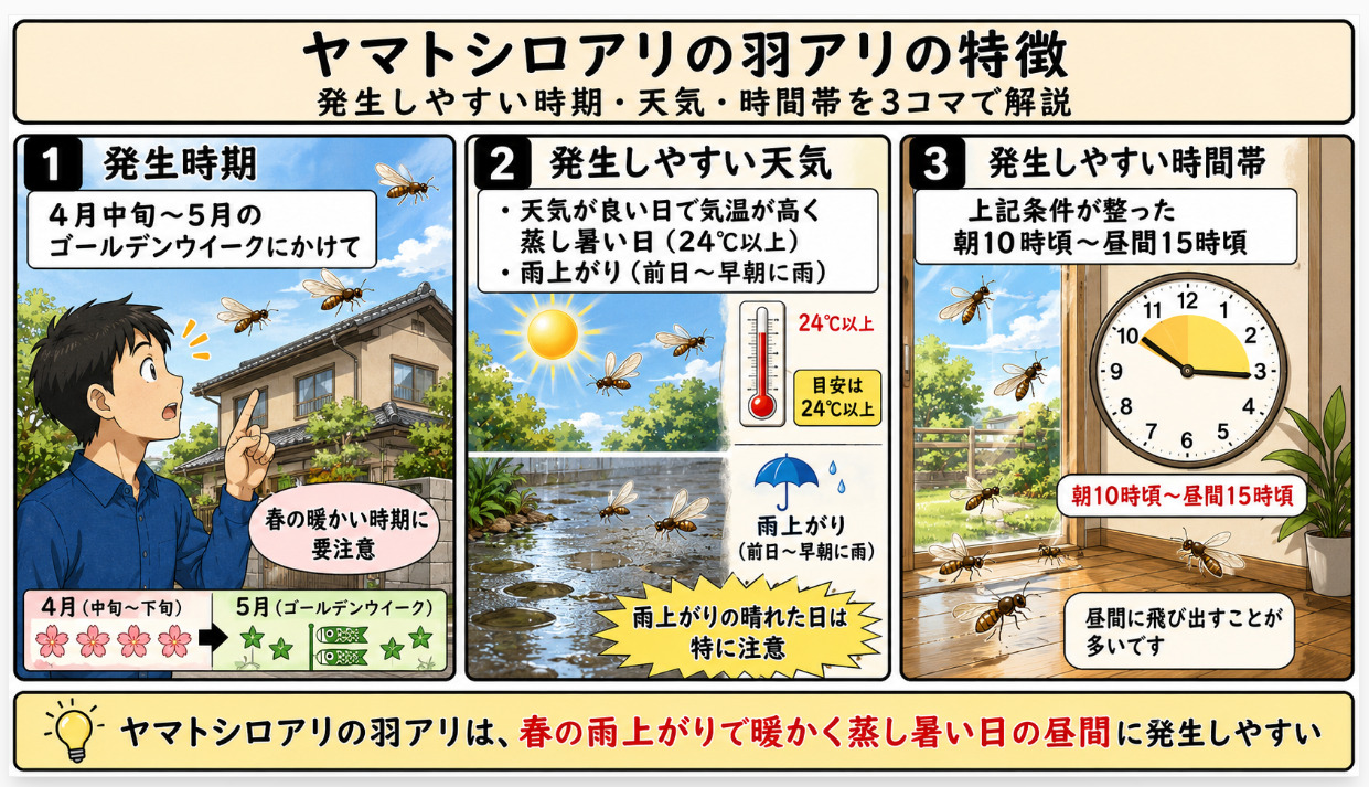 ヤマトシロアリの羽アリの特徴。4月中旬から5月のゴールデンウィーク頃、雨上がりで気温が高く蒸し暑い日の朝10時頃から昼15時頃に発生しやすいことを解説