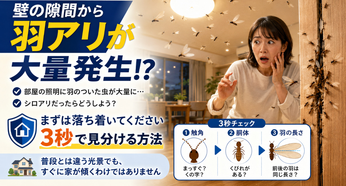 部屋の照明に羽アリが大量に集まり、シロアリ被害か不安な方へ落ち着いた確認方法を案内する画像