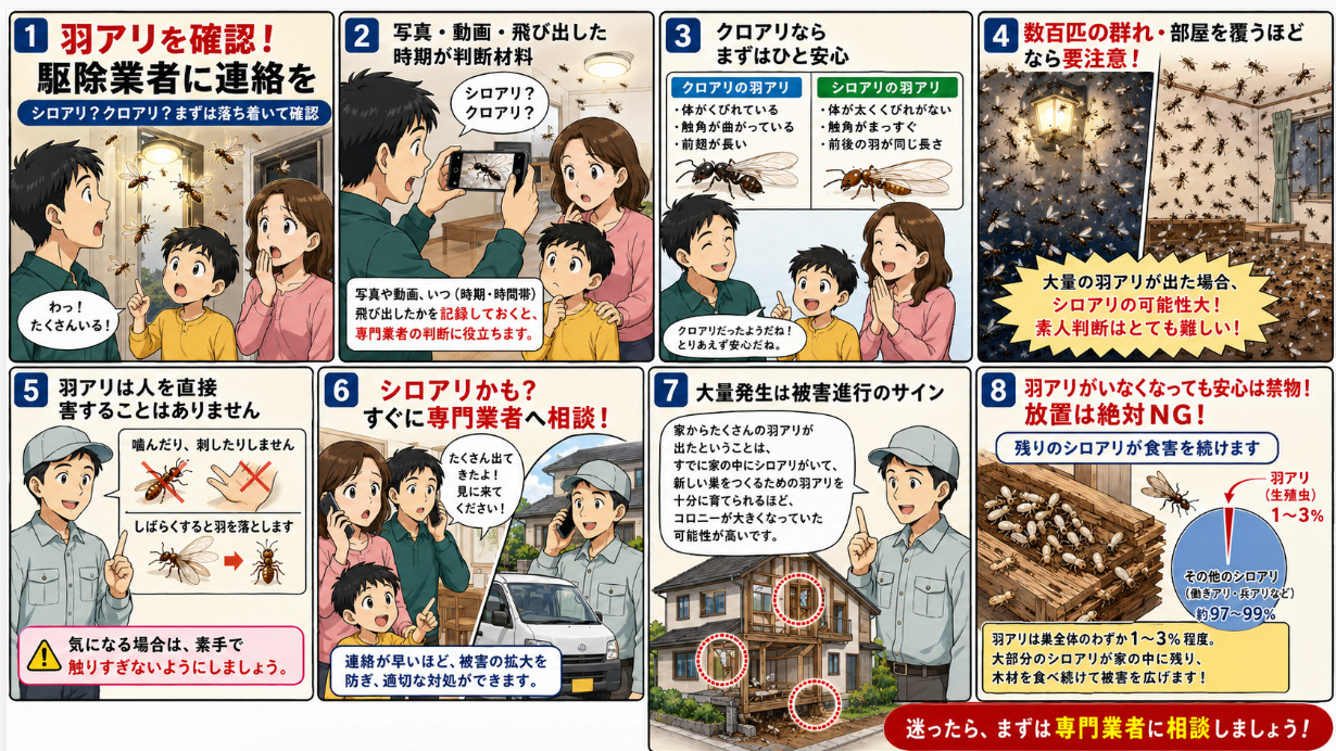 羽アリを確認後にシロアリ駆除業者へ相談すべき理由を解説した8コマ漫画。写真や動画での記録、シロアリとクロアリの違い、大量発生や放置による住宅被害のリスクを説明