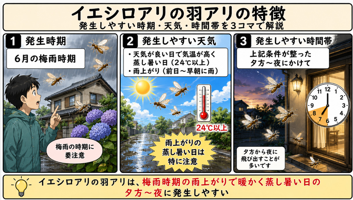 イエシロアリの羽アリが発生しやすい時期・天気・時間帯を解説したイラスト。6月の梅雨時期、24度以上の蒸し暑い雨上がりの夕方から夜に羽アリが出やすい