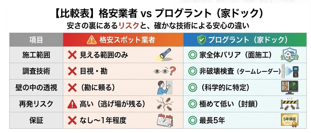 熊本のシロアリ駆除業者比較表：格安スポット業者とプログラント（家ドック）の決定的な違い。施工範囲（見える範囲のみvs家全体バリア）、調査技術（目視・勘vsタームレーダー非破壊検査）、壁の中の透視（不可能vs科学的に特定）、再発リスク、保証期間（短期vs最長5年）の5項目を対比。安さの裏にある高リスクと、科学的根拠に基づく安心の施工を図解。
