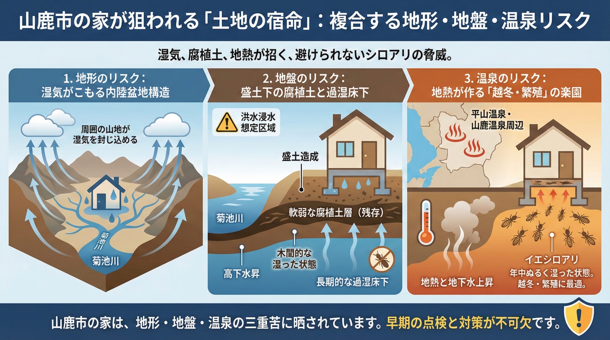 山鹿市の家が狙われる土地の宿命。複合する地形・地盤・温泉リスク
