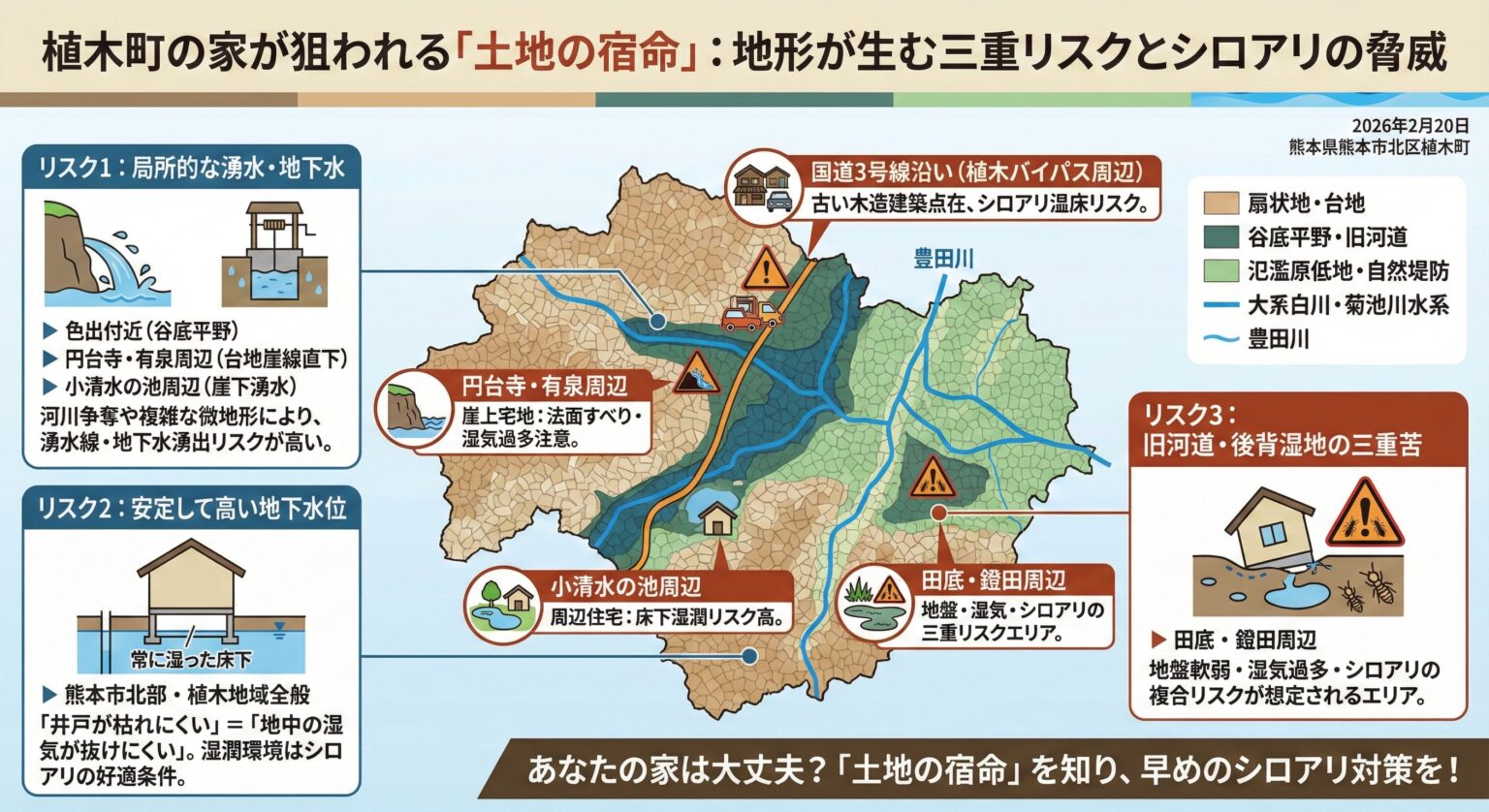植木町の家が狙われる土地の宿命:地形が生む三重リスクとシロアリの脅威