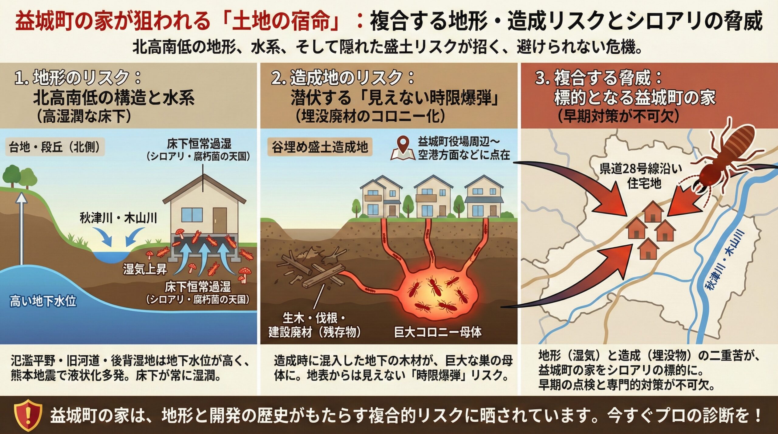 益城町の家が狙われる土地の宿命。複合する地形・造成リスクとシロアリの脅威