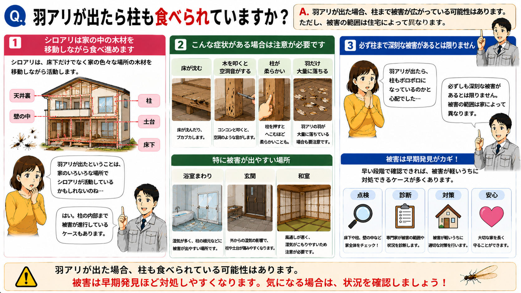 羽アリが出たら柱も食べられているのかを分かりやすく解説した16対9の3コマ漫画風インフォグラフィック。シロアリが床下だけでなく柱・土台・壁の中・天井裏など家の木材を移動しながら食べ進める様子を住宅断面図で図解。床が沈む、木を叩くと空洞音がする、柱が柔らかい、羽だけ大量に落ちるなど柱被害の注意サインをイラスト付きで紹介。浴室まわり・玄関・和室など湿気が多い場所では柱の根元付近に被害が出やすいことを説明し、羽アリが出ても必ず深刻な柱被害とは限らず、早期発見ほど対処しやすいことを伝えるシロアリ柱被害解説画像