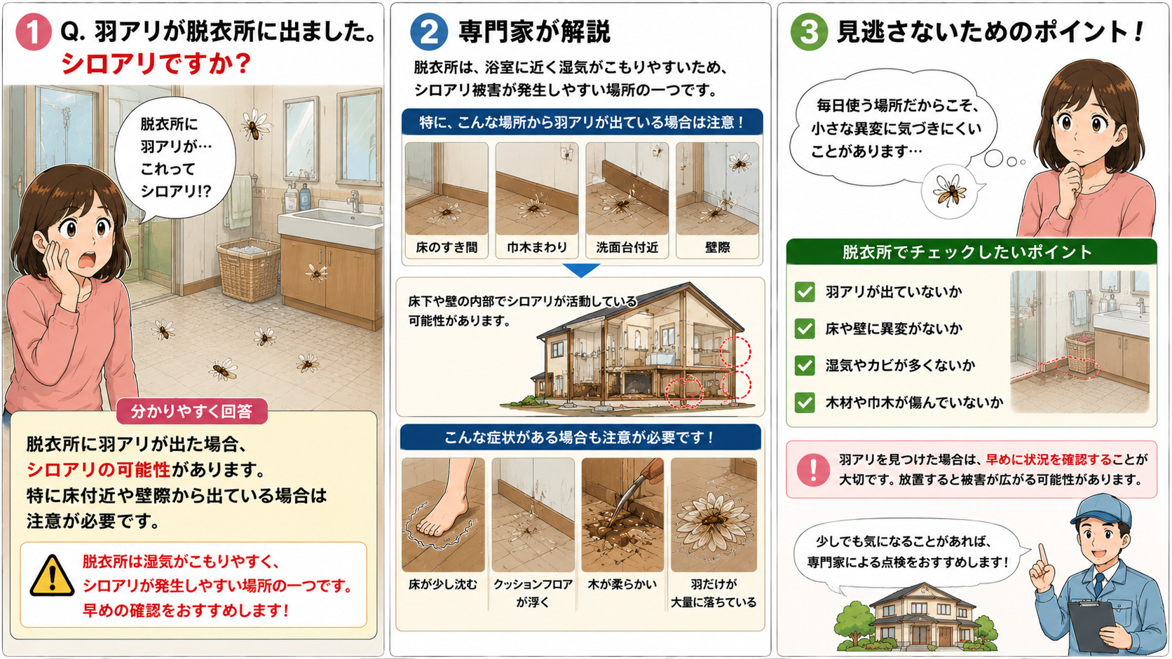 脱衣所に羽アリが出て不安になる女性を描いた16対9の3コマ漫画。脱衣所は浴室に近く湿気がこもりやすいためシロアリ被害が発生しやすい場所であることを専門家が解説。床のすき間・巾木まわり・洗面台付近・壁際から羽アリが出る場合の注意点や、床の沈み、クッションフロアの浮き、木材の柔らかさ、羽だけが大量に落ちている症状を分かりやすく説明したシロアリ対策インフォグラフィック