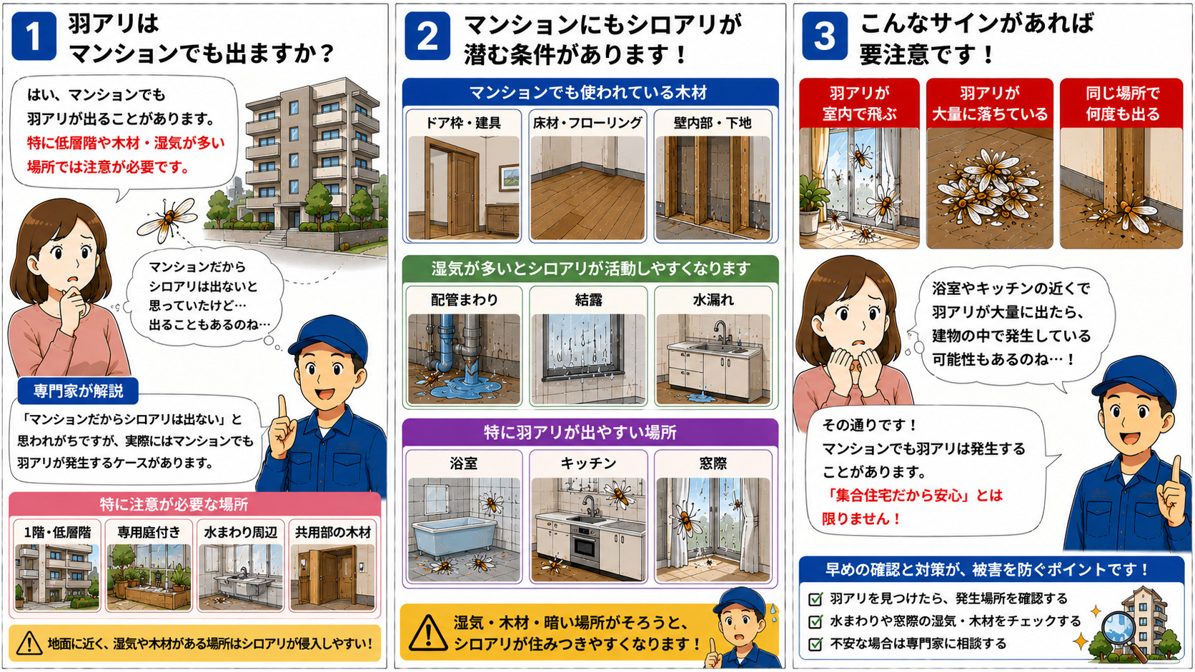マンションでも羽アリが発生する原因を解説する16対9の3コマ漫画。1階や低層階、専用庭付き住戸、水まわり周辺などシロアリが侵入しやすい場所や、ドア枠・床材・壁内部などマンション内で木材が使われている部分、配管まわり・結露・水漏れによる湿気環境、浴室・キッチン・窓際で羽アリが大量発生した場合の注意点を、イラスト付きで分かりやすく説明している。