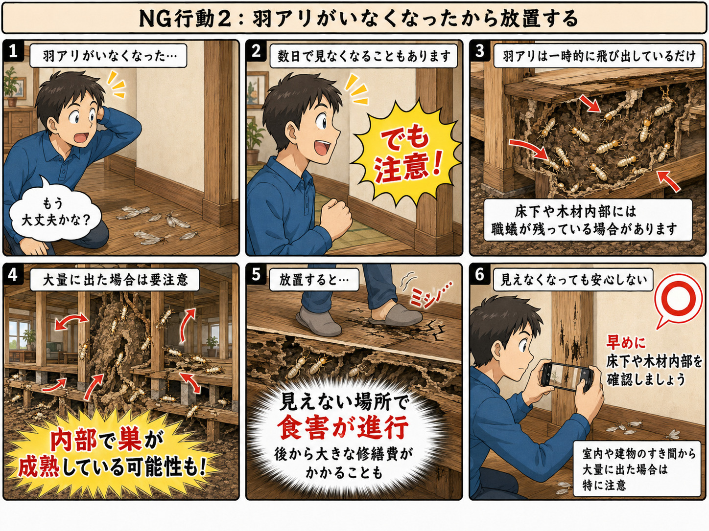 シロアリの羽アリが数日でいなくなっても放置してはいけない理由と床下被害の確認ポイントを解説する漫画