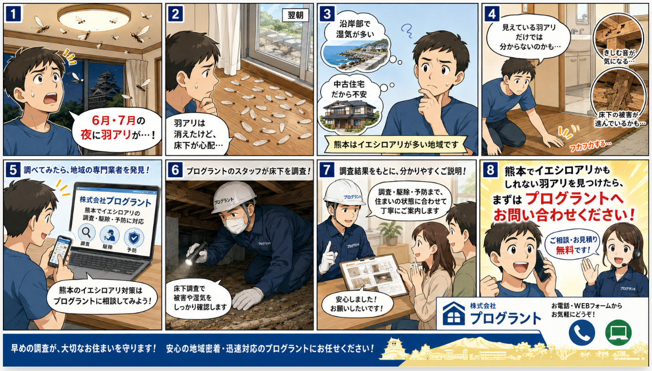 熊本で6月・7月の夜に羽アリを見つけて床下被害を心配した方がプログラントへ相談しイエシロアリの調査・駆除・予防を依頼する流れを紹介する漫画コンテンツ