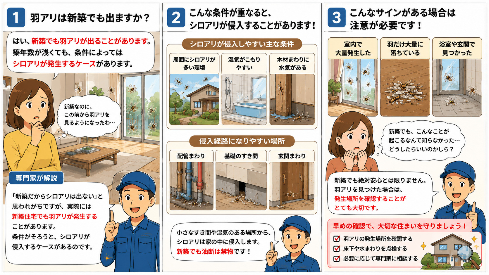 新築住宅でも羽アリが発生する原因を解説する16対9の3コマ漫画。周囲にシロアリが多い環境や湿気・水気がある場所、配管まわり・基礎のすき間・玄関周辺などからシロアリが侵入する可能性や、室内で大量発生する・羽だけ大量に落ちる・浴室や玄関で見つかるなど注意すべきサインをイラスト付きで分かりやすく説明している。
