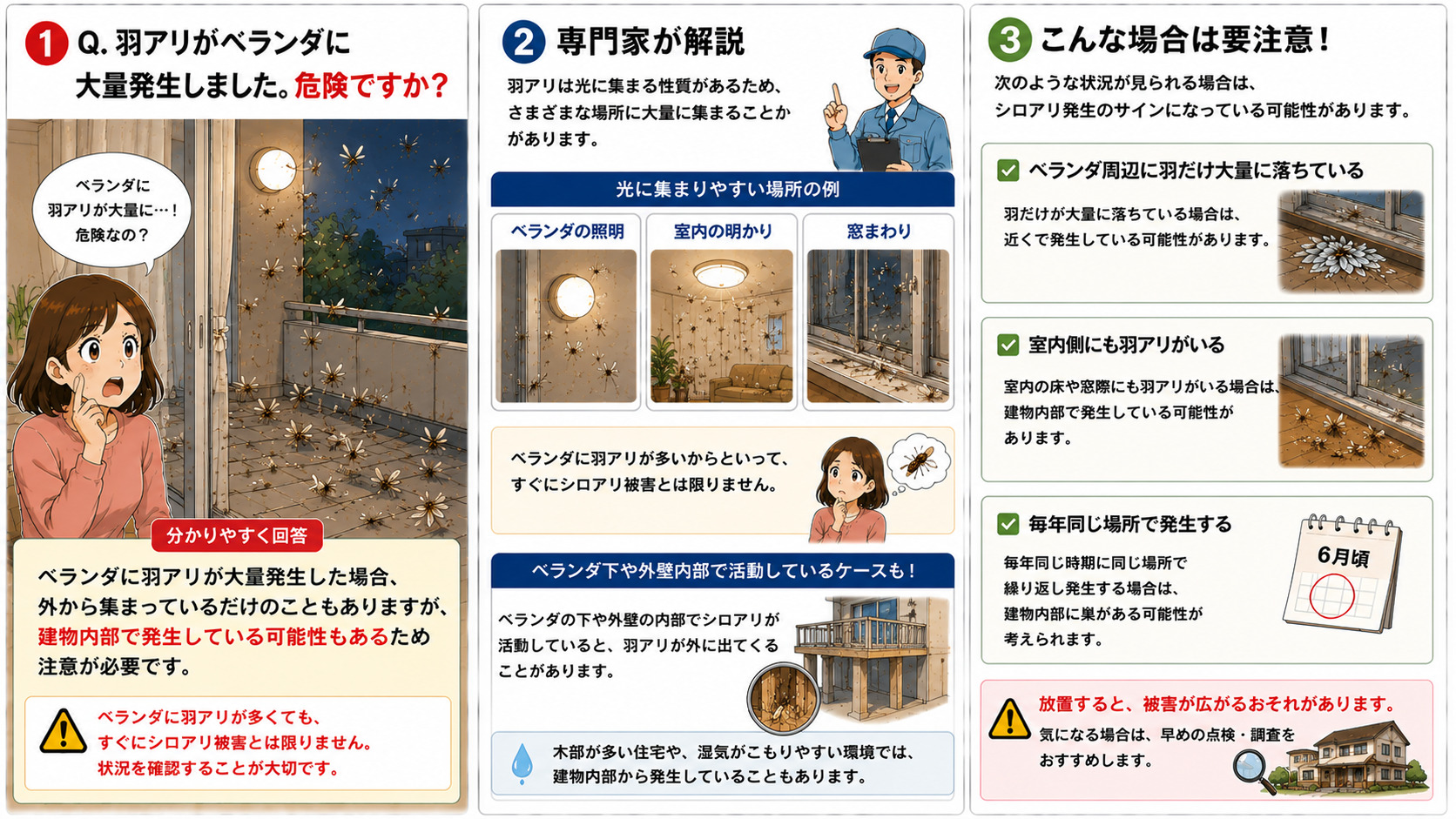 ベランダに羽アリが大量発生して不安になる女性を描いた16対9の3コマ漫画。羽アリは光に集まる性質があり、ベランダの照明・室内の明かり・窓まわりに集まりやすいことを専門家が解説。ベランダに羽アリが多くてもすぐにシロアリ被害とは限らない一方で、羽だけが大量に落ちている、室内側にも羽アリがいる、毎年同じ場所で発生する場合は、ベランダ下や外壁内部でシロアリが活動している可能性があることを分かりやすく伝えるシロアリ対策インフォグラフィック
