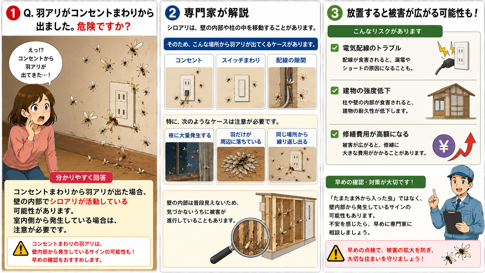 コンセントまわりから羽アリが発生した際のシロアリ被害リスクや、壁内部・配線周辺での活動、電気配線トラブルや建物強度低下の危険性、早期点検の重要性を解説した3コマ漫画。