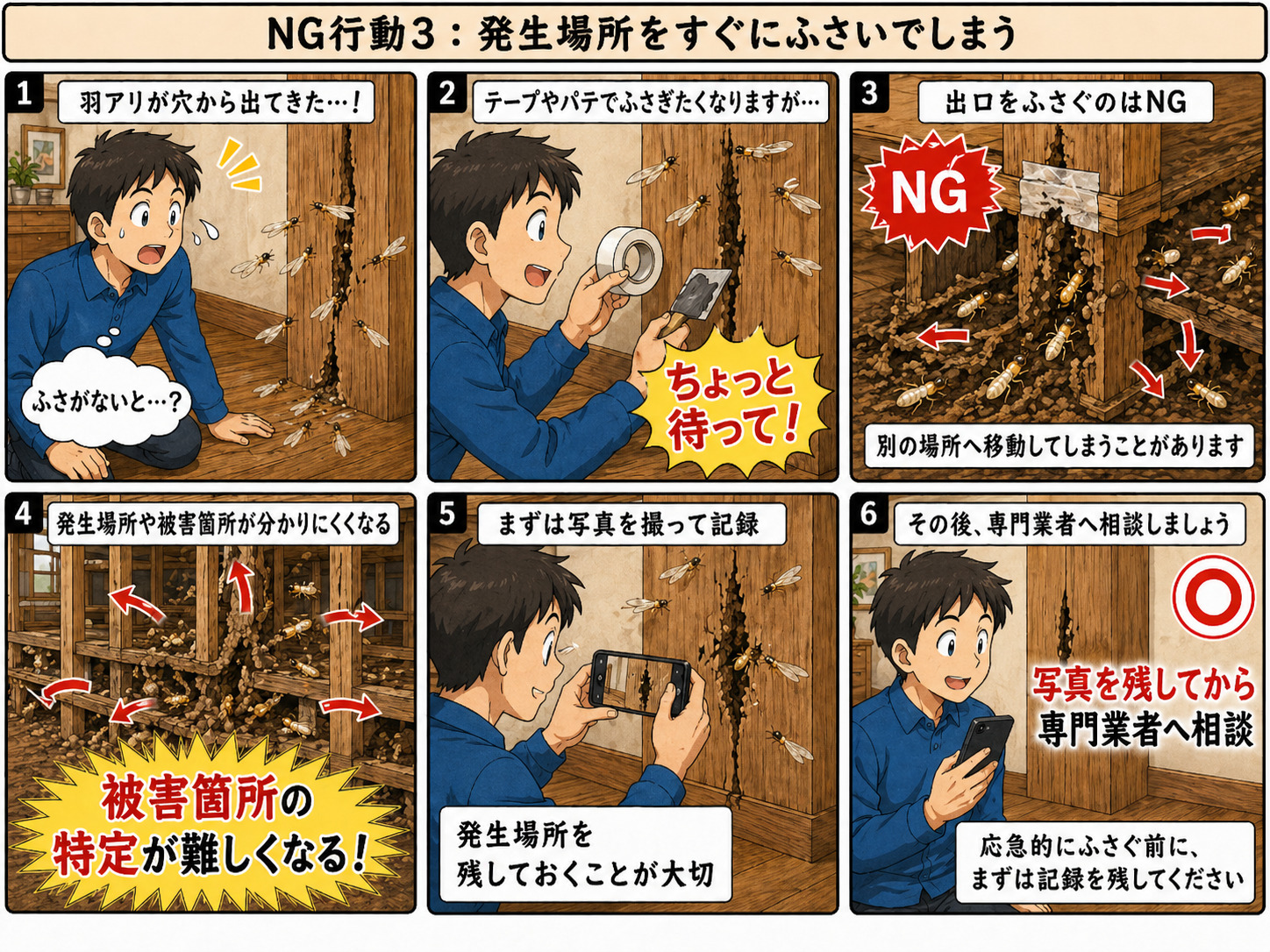 羽アリが出てきた穴をテープやパテで塞ぐとシロアリ被害箇所の特定が難しくなる理由を説明した漫画