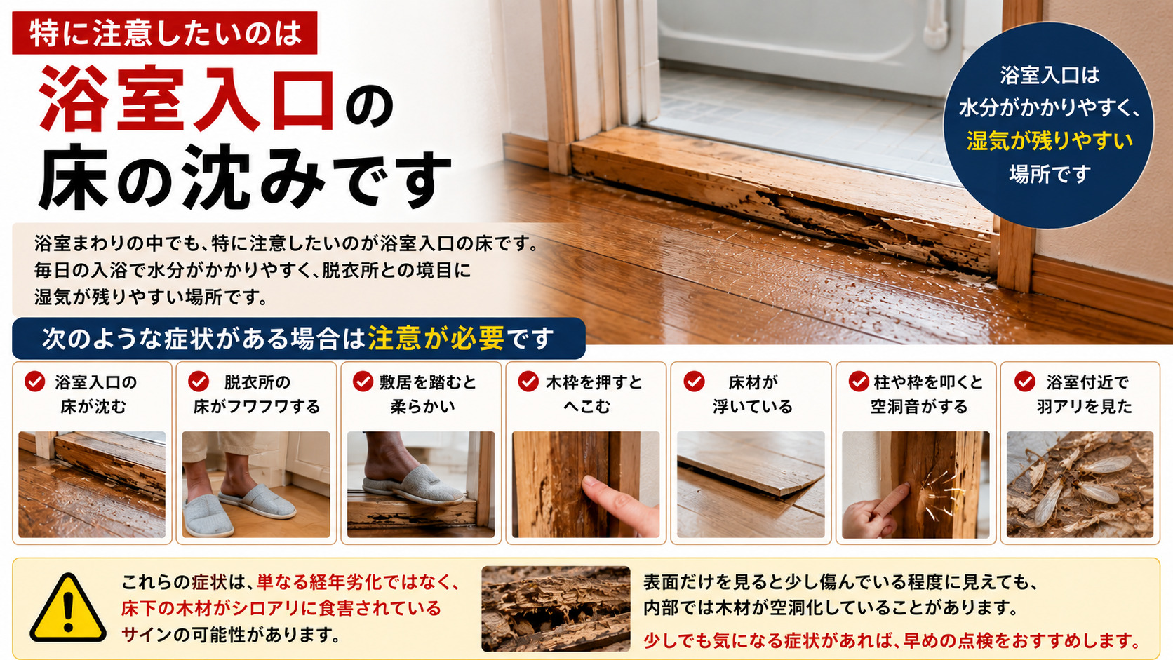 熊本で浴室入口の床沈みや脱衣所のフワフワ感に注意を呼びかける16:9解説画像。浴室入口の床が沈む、敷居が柔らかい、木枠がへこむ、床材が浮く、柱を叩くと空洞音がするなど、シロアリ被害の危険サインを写真付きで紹介。湿気が残りやすい浴室入口から床下木材が食害され、内部で空洞化している可能性を分かりやすく説明