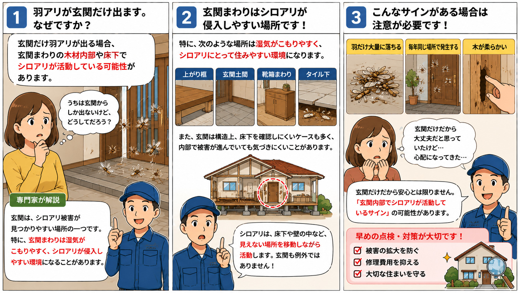 玄関だけ羽アリが発生する原因を解説する16対9の3コマ漫画。上がり框・玄関土間・靴箱まわり・タイル下など湿気がこもりやすい玄関周辺でシロアリが活動している可能性や、羽だけ大量に落ちる・毎年同じ場所で発生する・木材が柔らかいなど注意すべきサインを、イラスト付きで分かりやすく説明している。