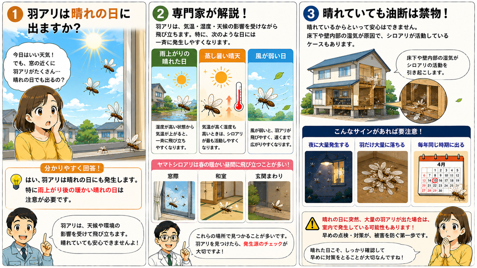 晴れの日に羽アリが発生する理由として、雨上がり後の暖かい晴天や蒸し暑い日・風の弱い日にシロアリが飛び立ちやすくなる様子、窓際・和室・玄関まわりで見つかるケース、床下や壁内部の湿気による室内発生リスクを解説した、明るい晴天トーンの3コマ漫画。