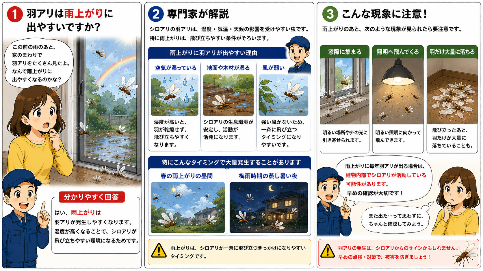 雨上がりに羽アリが発生しやすい理由として、高湿度・湿った木材・風の弱い環境でシロアリが飛び立ちやすくなる様子や、窓際・照明・羽の大量落下などの特徴、建物内部での活動リスクを解説した3コマ漫画