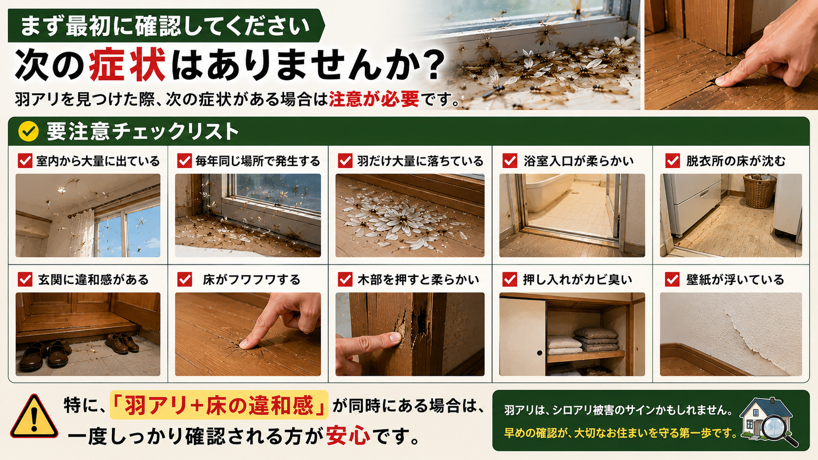 羽アリを見つけた際に確認したい症状を写真付きで解説した16対9のチェックリスト型インフォグラフィック。室内で大量発生した羽アリ、窓際に大量に落ちた羽、浴室入口の柔らかい床、脱衣所の沈む床、玄関の違和感、フワフワする床、柔らかい木部、カビ臭い押し入れ、浮いた壁紙など、シロアリ被害の可能性がある症状を一覧で紹介。特に『羽アリ＋床の違和感』が同時にある場合は早めの確認が大切であることを分かりやすく伝えるシロアリ対策