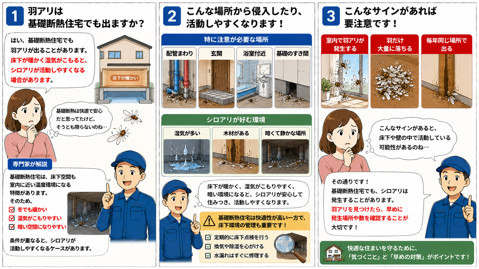 基礎断熱住宅でも羽アリが発生する原因を解説する16対9の3コマ漫画。床下が暖かく湿気がこもりやすい基礎断熱住宅の特徴や、配管まわり・玄関・浴室付近・基礎のすき間などシロアリが侵入しやすい場所、室内で羽アリが発生する・羽だけ大量に落ちる・毎年同じ場所で出るなど注意すべきサインをイラスト付きで分かりやすく説明している。