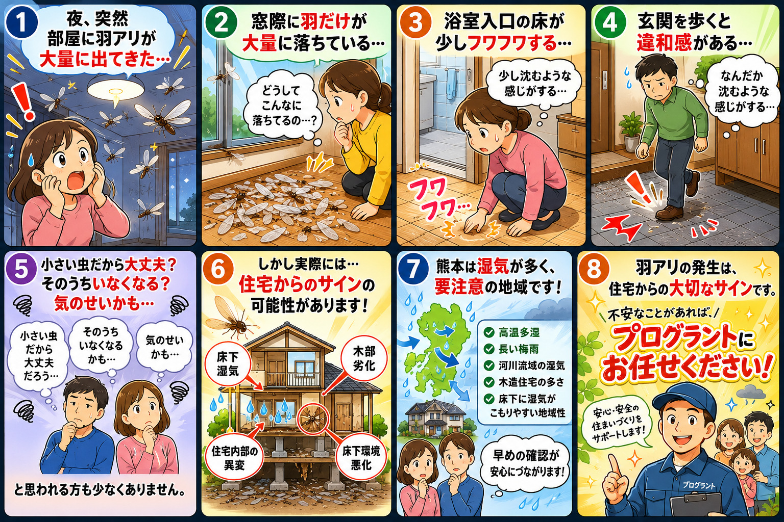 熊本で羽アリを見つけた時の注意点を分かりやすく解説した16対9の8コマ漫画。夜に部屋へ大量発生した羽アリ、窓際に大量に落ちた羽、浴室入口のフワフワする床、玄関を歩いた時の違和感など、実際によくある異変を女性や家族が不安そうに確認している様子を描写。『小さい虫だから大丈夫』『そのうちいなくなる』『気のせいかも』と悩む場面から、床下湿気・木部劣化・住宅内部の異変・床下環境悪化など住宅からのサインである可能性を説明。熊本特有の高温多湿や長い梅雨、河川流域の湿気、木造住宅の多さによる影響を解説し、最後はプログラントのスタッフが『羽アリの発生は住宅からの大切なサインです。プログラントにお任せください！』と案内して締めくくるシロアリ対策漫画