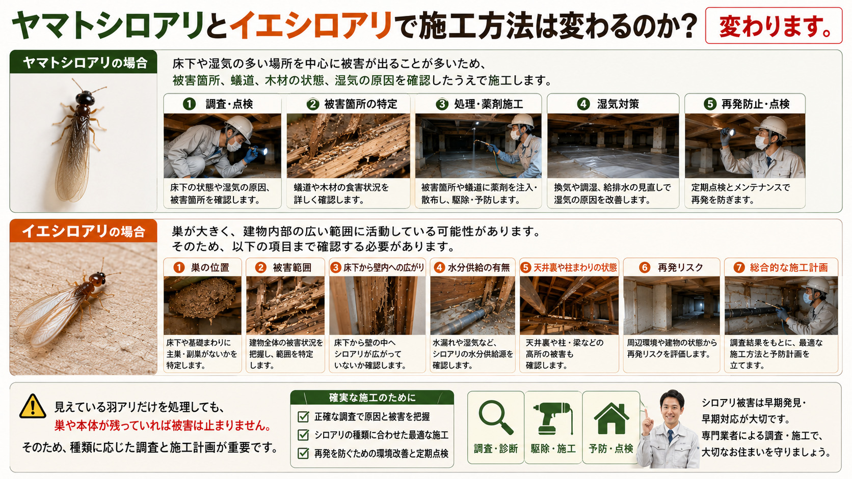 ヤマトシロアリとイエシロアリで施工方法が変わる理由を解説した16対9の画像。ヤマトシロアリは床下や湿気の多い場所を中心に、被害箇所、蟻道、木材の状態、湿気の原因を確認して施工する流れを紹介。イエシロアリは大きな巣、被害範囲、床下から壁内への広がり、水分供給、天井裏や柱まわりの状態、再発リスクまで調査し、種類に応じた施工計画が重要であることを写真付きで説明したシロアリ施工解説
