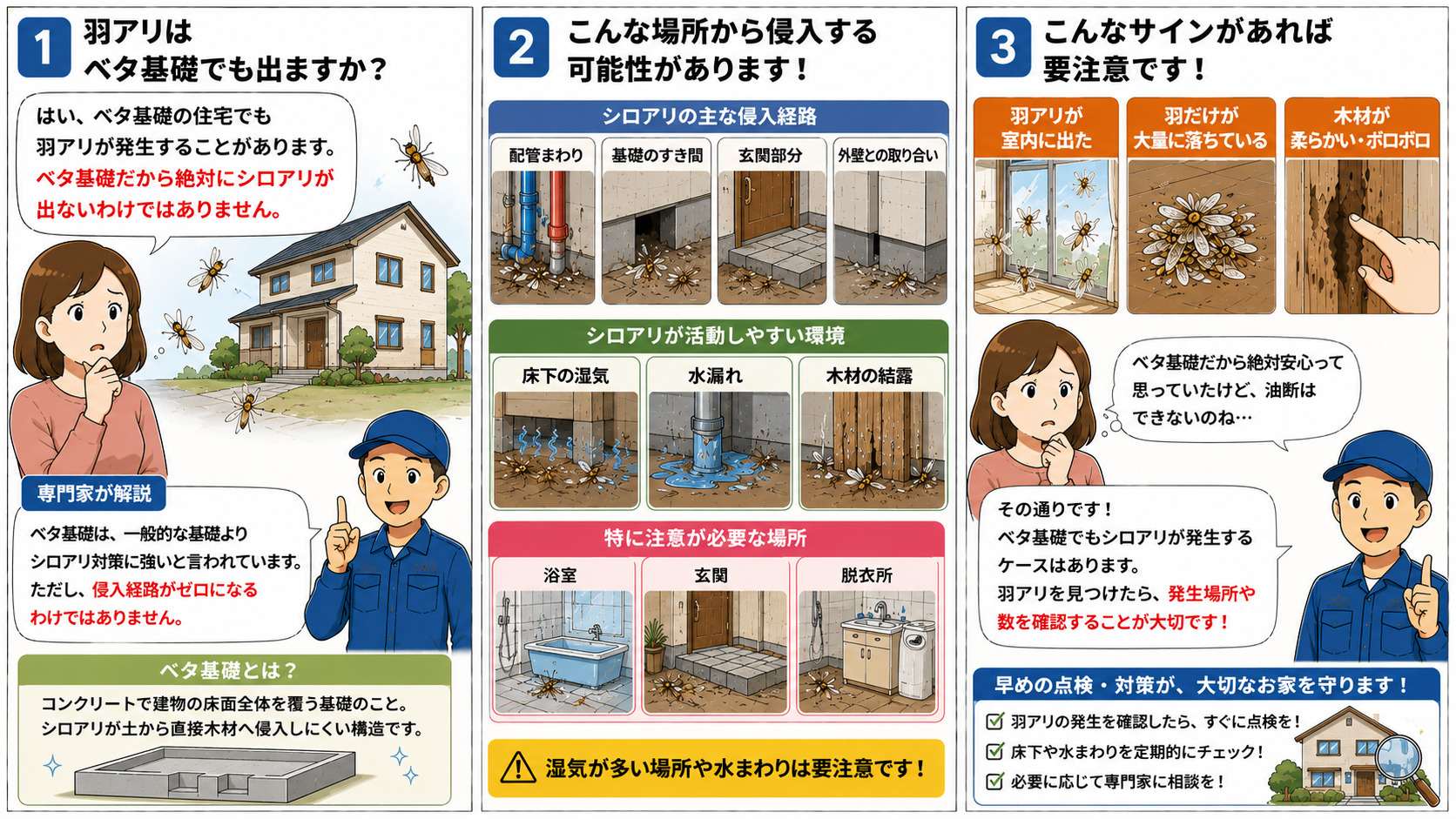 ベタ基礎住宅でも羽アリやシロアリが発生する可能性を解説したインフォグラフィック。配管まわり・基礎のすき間・玄関・外壁取り合いなどの侵入経路、床下湿気・水漏れ・木材結露などシロアリが活動しやすい環境、室内で羽アリが出る・羽だけ大量に落ちる・木材がボロボロになる危険サインをイラスト付きで紹介している画像