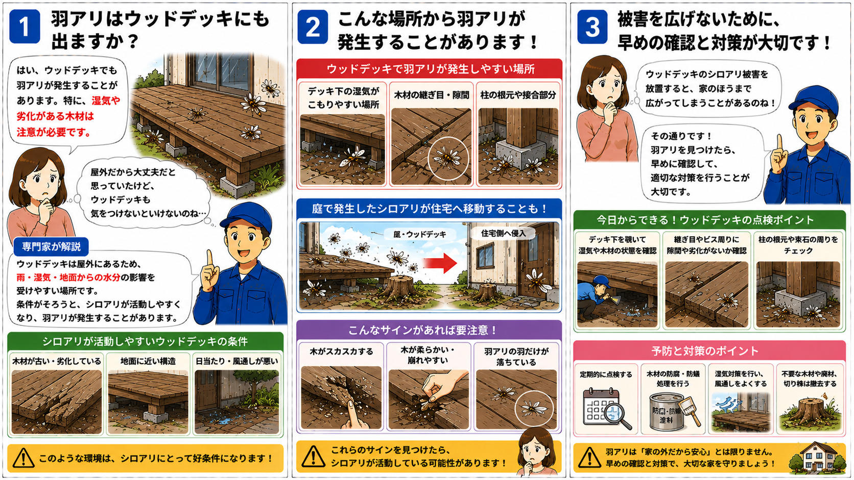 ウッドデッキで羽アリが発生する原因を解説する16対9の3コマ漫画。雨・湿気・地面からの水分によって木材が劣化しやすいウッドデッキの特徴や、デッキ下・木材の継ぎ目・柱の根元など羽アリが発生しやすい場所、木材がスカスカする・柔らかい・羽だけ落ちているなどシロアリ被害のサイン、住宅側へ被害が広がるリスクや点検・対策方法をイラスト付きで分かりやすく説明している。