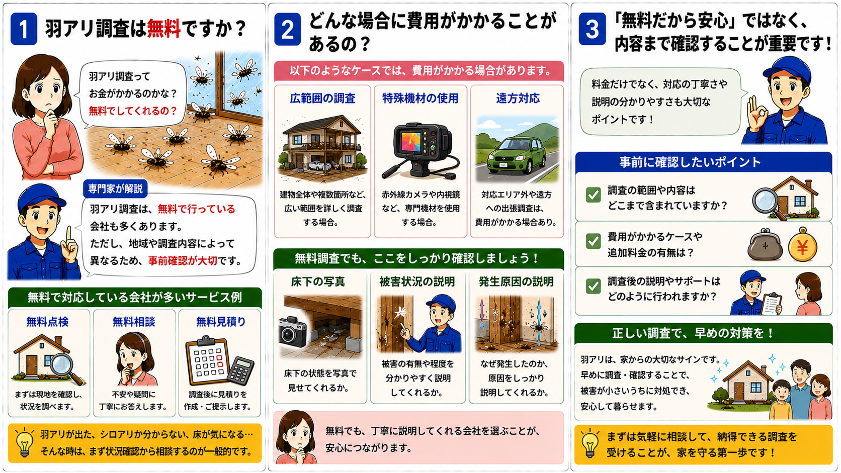 羽アリ調査が無料かどうかを解説する16対9の3コマ漫画。無料点検・無料相談・無料見積りを行う会社が多い一方、広範囲調査・特殊機材使用・遠方対応では費用がかかる場合があることや、床下写真・被害状況説明・発生原因を丁寧に説明してくれるか確認する重要性、「無料だから安心」ではなく調査内容まで確認する大切さをイラスト付きで分かりやすく説明している。