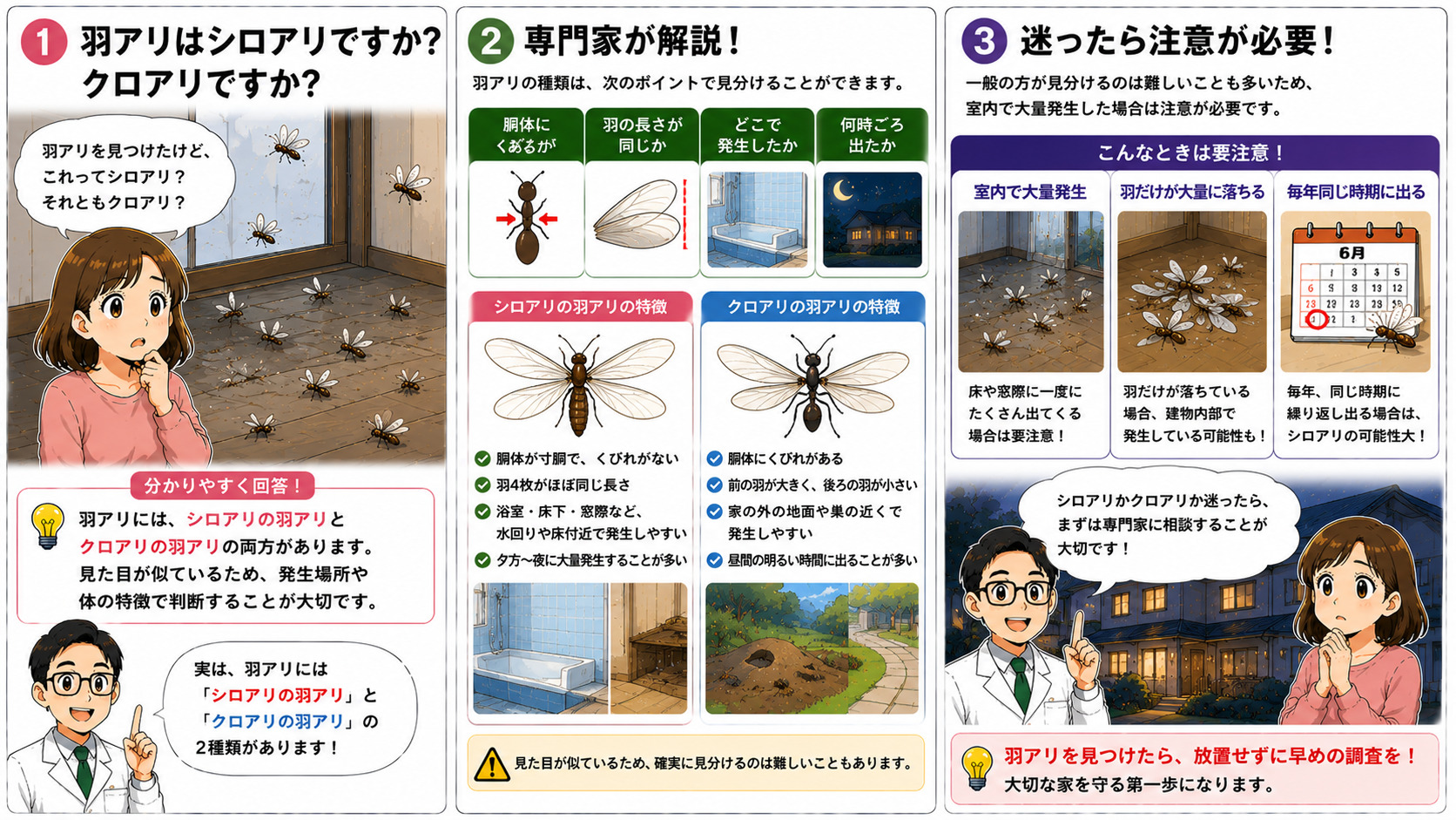羽アリがシロアリかクロアリかを見分けるポイントとして、胴体のくびれ・羽の長さ・発生場所・出現時間帯の違いや、シロアリは寸胴で羽4枚が同じ長さ、クロアリはくびれがあり前羽が大きい特徴を比較解説した、比較表付きの3コマ漫画