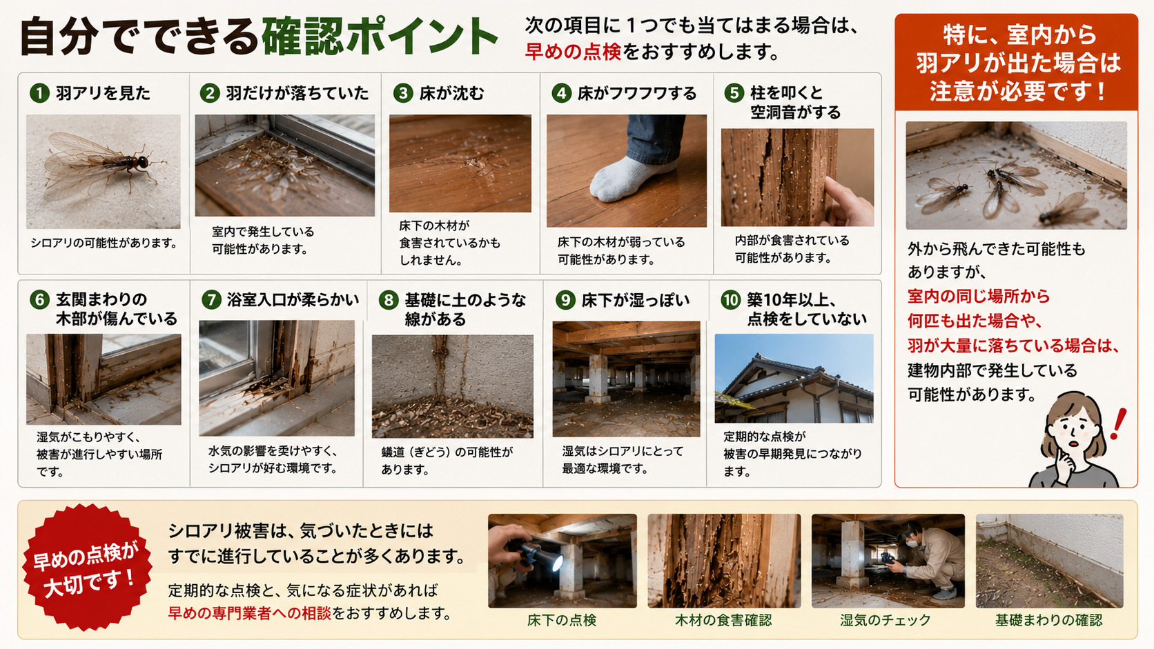 自分でできるシロアリ確認ポイントを解説した16対9の画像。羽アリを見た、羽だけが落ちていた、床が沈む、床がフワフワする、柱を叩くと空洞音がする、玄関まわりの木部が傷んでいる、浴室入口が柔らかい、基礎に土のような線がある、床下が湿っぽい、築10年以上点検していない場合は早めの点検が必要であることを写真付きで紹介。室内から羽アリが複数出た場合や羽が大量に落ちている場合は、建物内部でシロアリが発生している可能性があることを伝える注意喚起