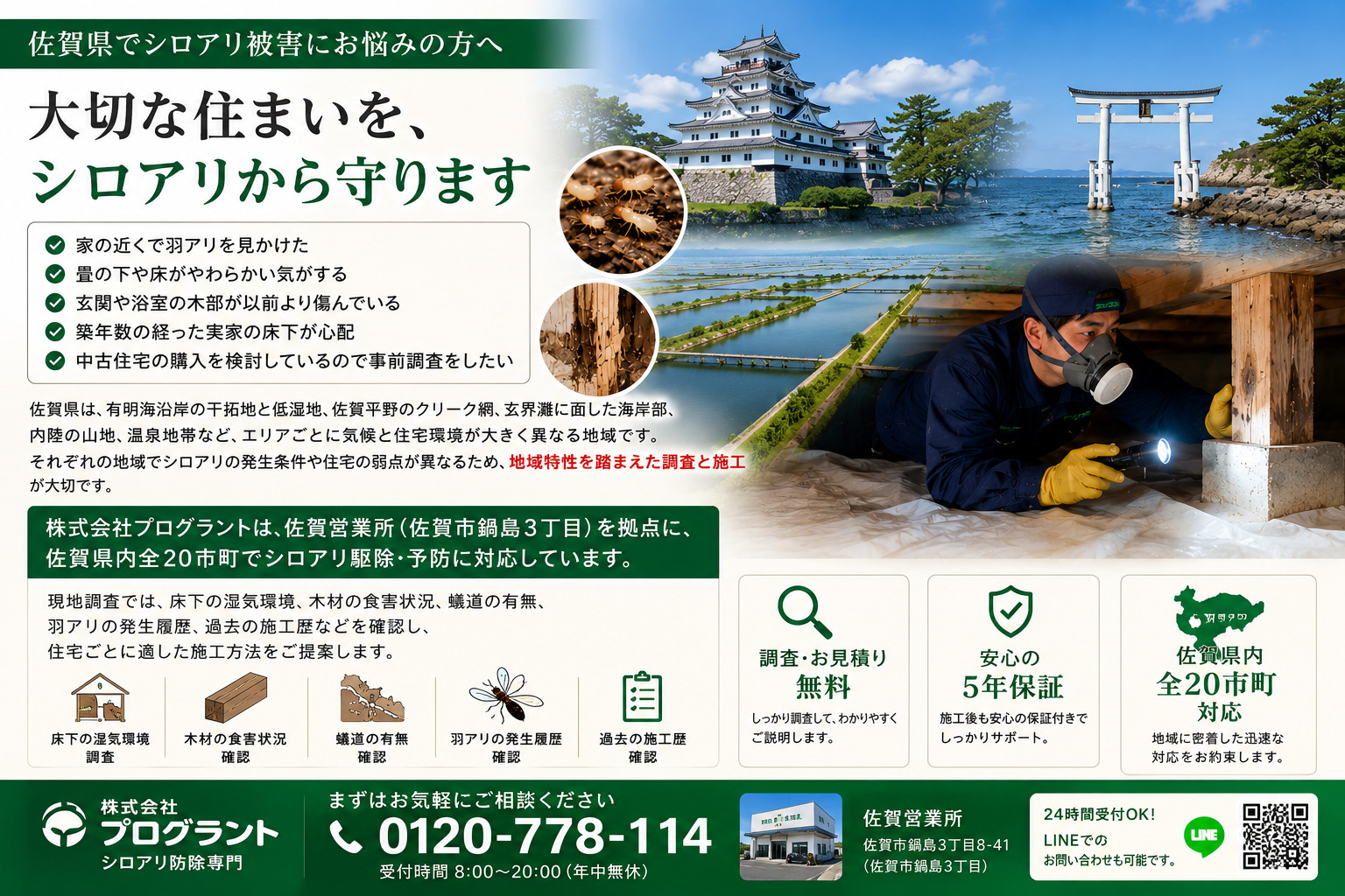 佐賀県でシロアリ被害にお悩みの方向けのプログラント案内画像。唐津城・有明海沿岸・海中鳥居など佐賀県の風景と、床下でシロアリ点検を行う施工スタッフを掲載。羽アリ、床の沈み、玄関や浴室の木部劣化、中古住宅購入前調査などの相談内容と、佐賀県内全20市町対応・無料調査・5年保証を紹介したシロアリ防除バナー
