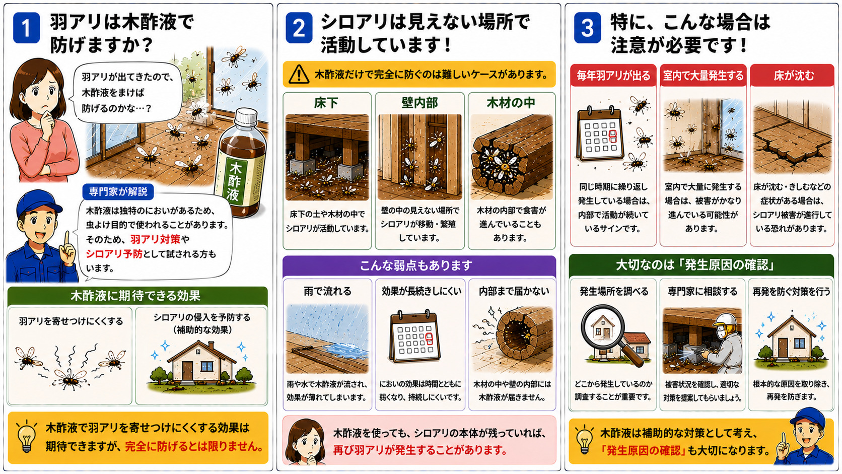木酢液で羽アリを防げるかを解説する16対9の3コマ漫画。木酢液のにおいで羽アリを寄せつけにくくする補助的効果や、床下・壁内部・木材の中で活動するシロアリ本体には完全対策にならないこと、雨で流れる・効果が長続きしにくい・内部まで届かないなどの弱点、毎年羽アリが出る・室内で大量発生する・床が沈む場合の注意点、「発生原因の確認」が重要であることをイラスト付きで分かりやすく説明している。