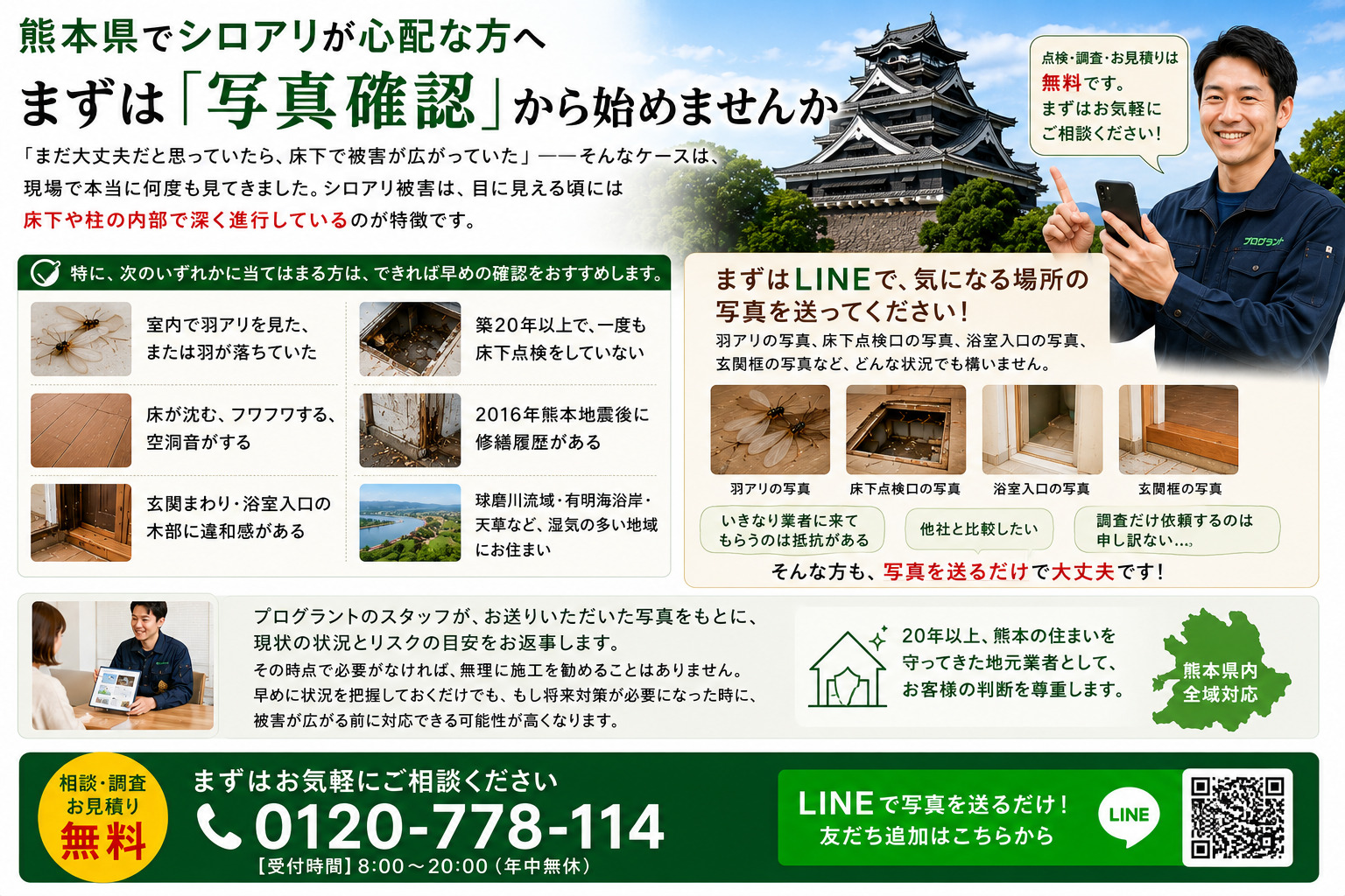 熊本県でシロアリが心配な方向けの写真確認案内画像。羽アリ、床の沈み、浴室入口や玄関まわりの木部異常、築20年以上の住宅、熊本地震後の修繕住宅などの注意点を紹介し、LINEで写真を送るだけで無料相談できる流れを解説したインフォグラフィック