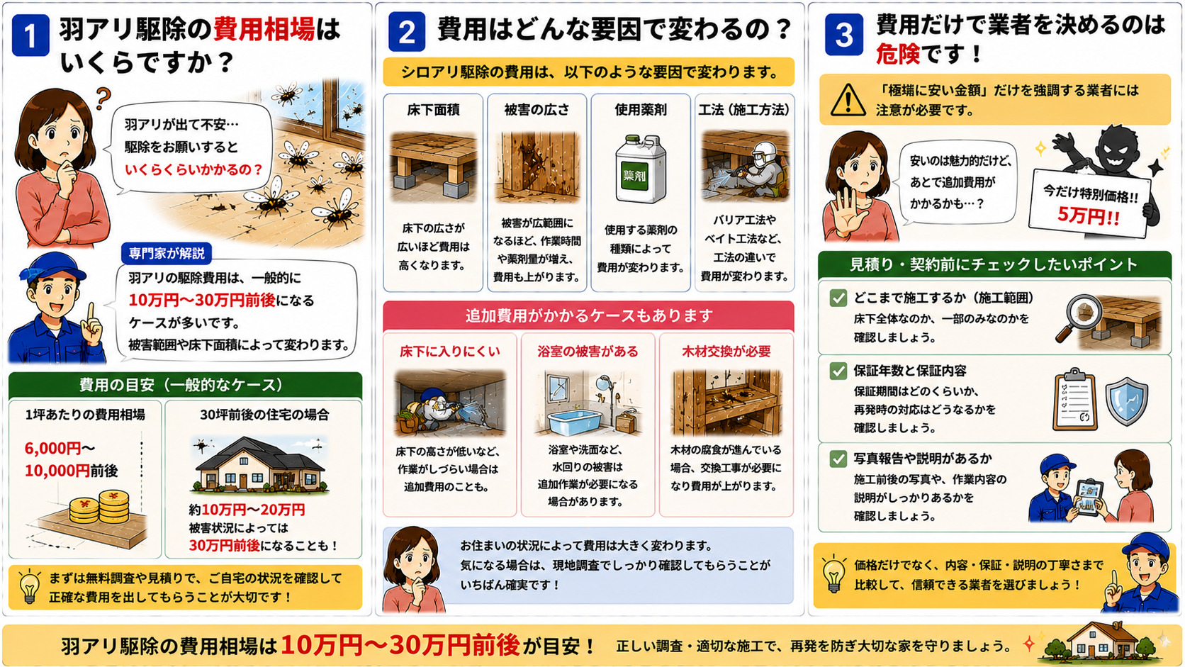 羽アリ駆除の費用相場を解説する16対9の3コマ漫画。シロアリ駆除費用は一般的に10万円〜30万円前後で、1坪あたり6,000円〜10,000円が目安になることや、床下面積・被害範囲・使用薬剤・工法によって費用が変わる点、浴室被害や木材交換が必要な場合の追加費用、「極端に安い業者」への注意点、保証内容・施工範囲・写真報告確認の重要性をイラスト付きで分かりやすく説明している。