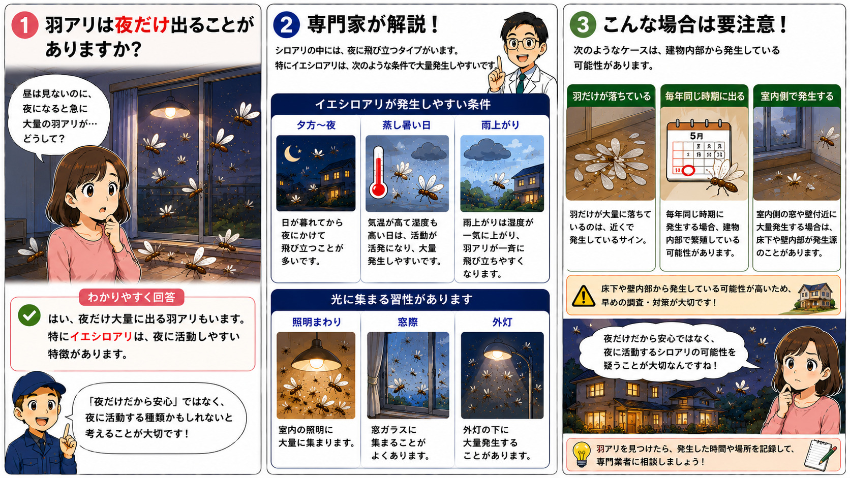 夜だけ羽アリが大量発生するケースとして、イエシロアリが夕方から夜にかけて活動しやすい特徴や、蒸し暑い日・雨上がり・照明や外灯に集まる習性、羽の大量落下や毎年同じ時期の発生など建物内部由来のサインを解説した、夜景トーンの3コマ漫画。
