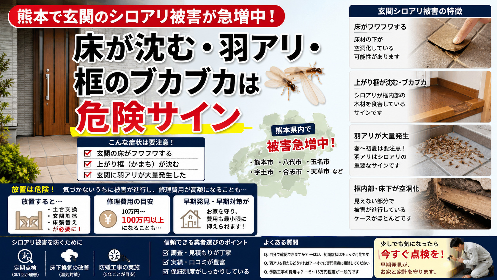 玄関の床沈み・羽アリ・框のブカブカ症状を解説する熊本のシロアリ被害注意喚起サムネイル画像。玄関タイルの浮き、羽アリ大量発生、框内部の空洞化写真とともに、熊本市・八代市・玉名市などで急増する玄関シロアリ被害の危険サインや修理費用、早期点検の重要性を分かりやすく紹介