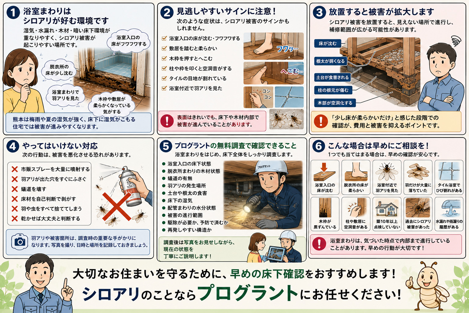 熊本の浴室まわりで起こりやすいシロアリ被害を6コマ漫画で分かりやすく解説した16:9インフォグラフィック。浴室入口の床沈み、脱衣所のフワフワ感、木枠の劣化、羽アリ発生、被害放置による床下木材の空洞化、やってはいけない対応、無料床下調査の流れ、早めの相談が重要な理由を漫画形式で紹介。最後に「シロアリのことならプログラントにお任せください」と案内し、熊本の住宅で増える浴室まわりのシロアリ被害対策を分かりやすくまとめたブログ用漫画