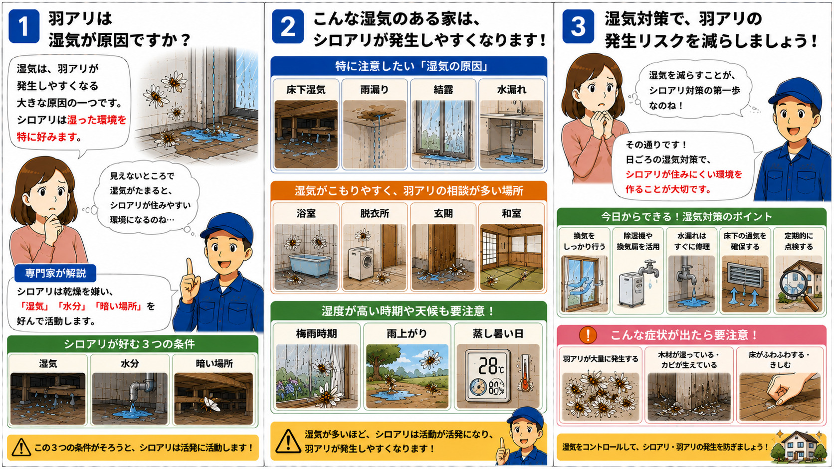 羽アリと湿気の関係を解説する16対9の3コマ漫画。床下湿気・雨漏り・結露・水漏れなどによってシロアリが活動しやすくなる仕組みや、浴室・脱衣所・玄関・和室など湿気がこもりやすい場所、梅雨時期・雨上がり・蒸し暑い日に羽アリが増えやすい理由、湿気対策による予防方法をイラスト付きで分かりやすく説明している。