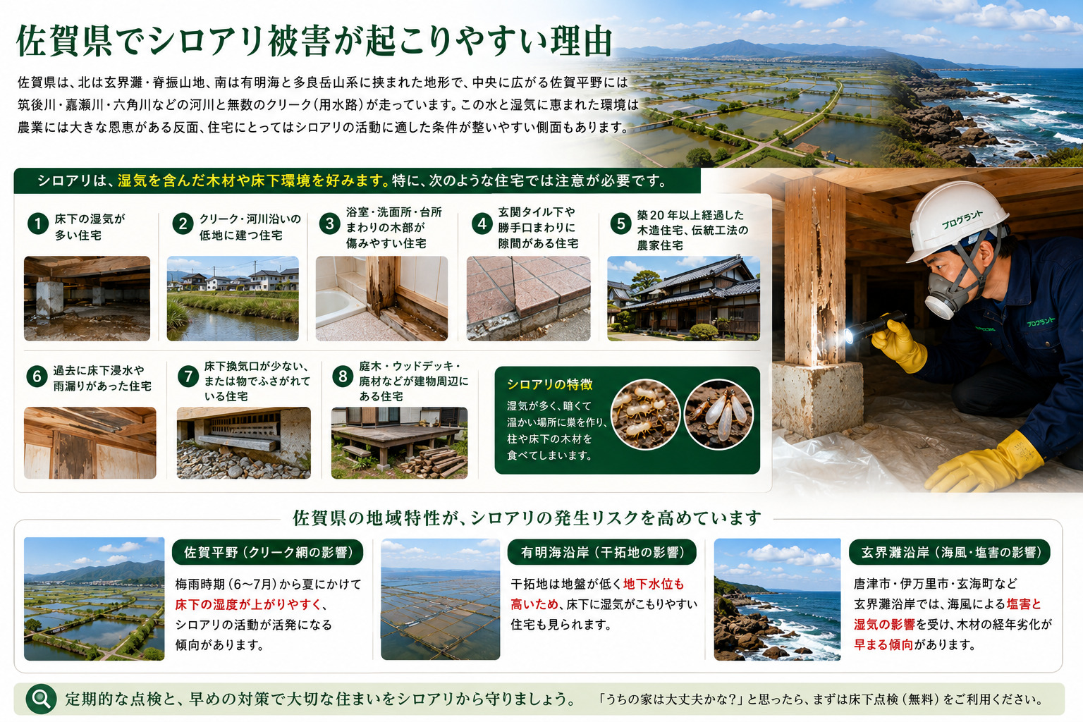 佐賀県でシロアリ被害が起こりやすい理由を解説した画像。佐賀平野のクリークや河川沿いの低地、有明海沿岸の干拓地、玄界灘沿岸の塩害、高湿度環境、築20年以上の木造住宅や農家住宅、床下湿気や換気不足など、佐賀県特有の住宅環境によるシロアリ発生リスクを紹介