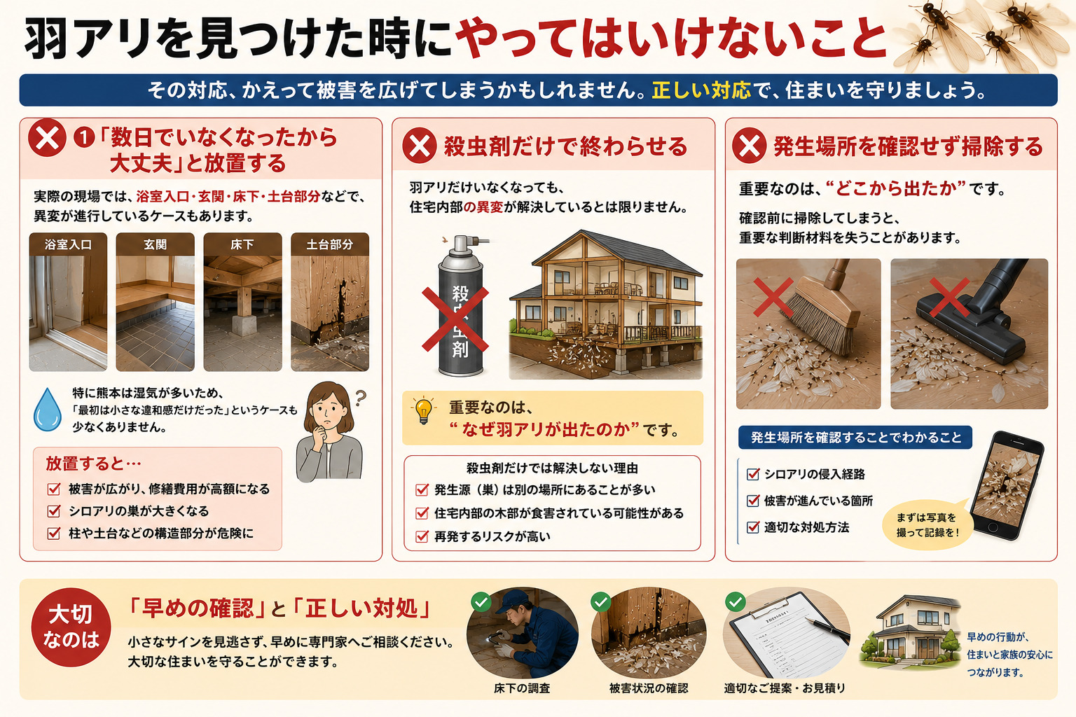 羽アリを見つけた時にやってはいけないことを写真付きで解説した16対9のインフォグラフィック。『数日でいなくなったから大丈夫』と放置する危険性、殺虫剤だけで終わらせる問題点、発生場所を確認せず掃除してしまう注意点を写真やイラスト付きで紹介。浴室入口・玄関・床下・土台部分などで異変が進行するケースや、熊本特有の湿気環境による小さな違和感の重要性を説明し、『なぜ羽アリが出たのか』『どこから出たのか』を確認する大切さを分かりやすく伝えるシロアリ対策