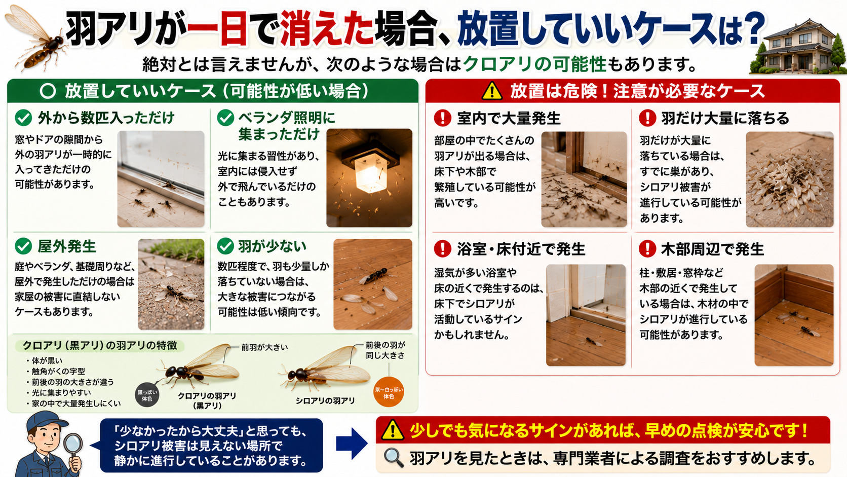 羽アリが一日で消えた場合に「放置してよいケース」と「注意が必要なケース」を比較したシロアリ注意喚起インフォグラフィック。外から数匹入っただけ・屋外発生など様子見可能なケースと、室内大量発生・羽だけ大量に落ちる・浴室や木部周辺で発生した危険サインを分かりやすく解説