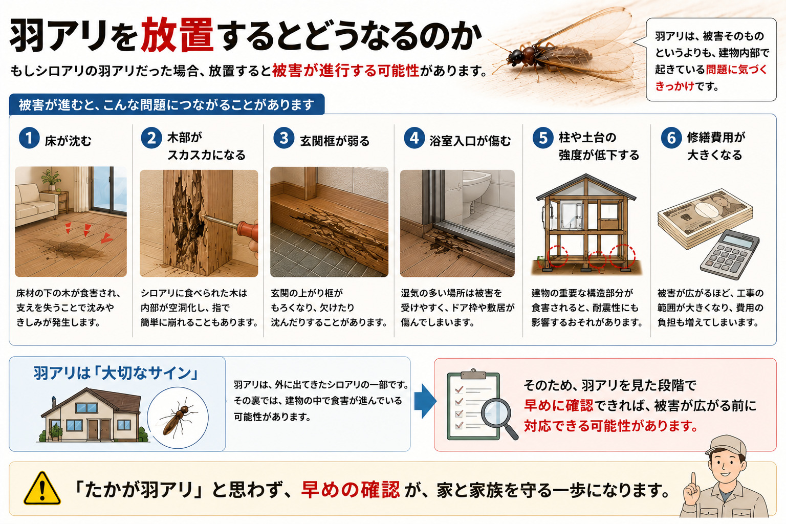 シロアリの羽アリを放置した場合に、床の沈み・木部の空洞化・玄関框や浴室入口の劣化・柱や土台の強度低下・修繕費用増加につながる可能性を解説した画像
