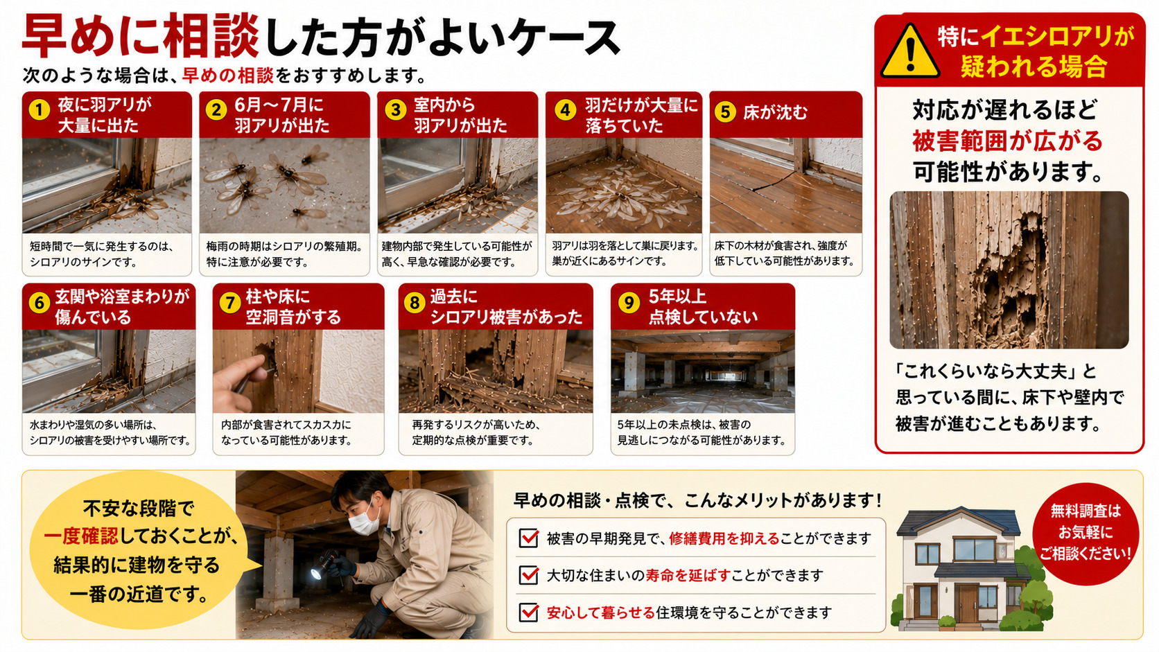 早めにシロアリ相談をした方がよいケースを解説した16対9の画像。夜に羽アリが大量に出た、6月から7月に羽アリが出た、室内から羽アリが出た、羽だけが大量に落ちていた、床が沈む、玄関や浴室まわりが傷んでいる、柱や床に空洞音がする、過去にシロアリ被害があった、5年以上点検していない場合は早めの相談が必要であることを写真付きで紹介。特にイエシロアリが疑われる場合は、対応が遅れるほど床下や壁内で被害範囲が広がる可能性があることを伝える注意喚起