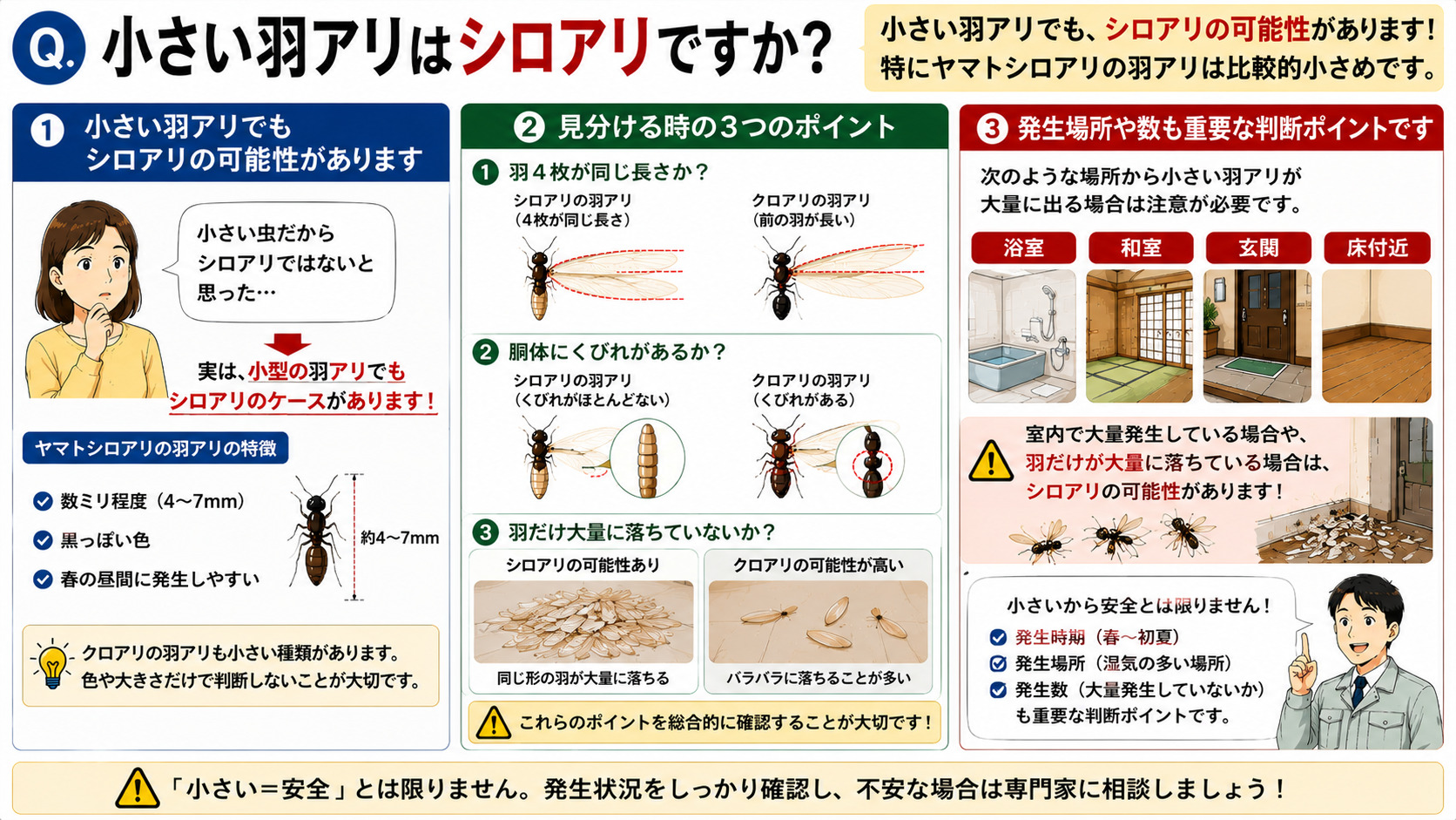 小さい羽アリはシロアリなのかを分かりやすく解説した16対9の比較インフォグラフィック。ヤマトシロアリの羽アリは4〜7mm程度と比較的小さく、黒っぽい色で春の昼間に発生しやすい特徴をイラスト付きで紹介。羽4枚が同じ長さか、胴体にくびれがあるか、羽だけ大量に落ちていないかなど、小さい羽アリの見分けポイントを図解。浴室・和室・玄関・床付近など湿気が多い場所から大量発生する場合はシロアリの可能性があることを説明し、『小さい＝安全』ではないことや、発生場所や発生数も重要な判断材料であることを伝える羽アリ判別画像