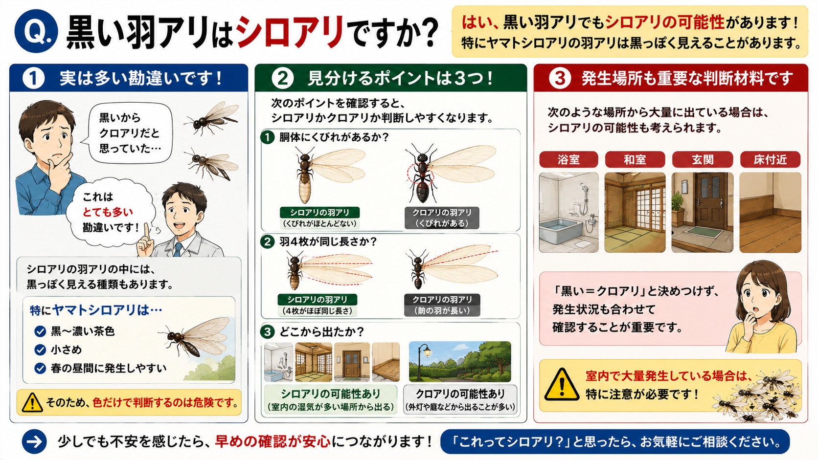 黒い羽アリはシロアリなのかを分かりやすく解説した16対9の3コマ漫画風インフォグラフィック。黒い羽アリでもヤマトシロアリの羽アリのようにシロアリの可能性があることを説明し、黒〜濃い茶色で小さめ、春の昼間に発生しやすい特徴を紹介。色だけで判断せず、胴体のくびれ、羽4枚の長さ、発生場所を確認する重要性を図解。浴室・和室・玄関・床付近などから大量発生する場合はシロアリの可能性もあるため、室内発生時は注意が必要であることを伝える羽アリ判別画像